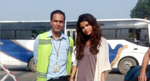 Selena Gomez with a fan in Kanthmandu