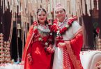 Subekshya Khadka and Ashwasan Joshi posing in traditional Nepali wedding attire with garlands at their wedding ceremony