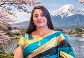 Sangita Adhikari in an edited portrait with Mount Fuji, Japan, in the background.