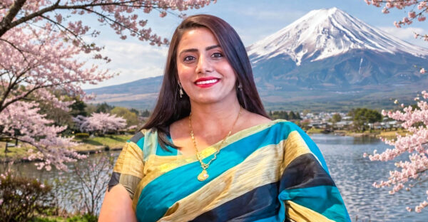 Sangita Adhikari in an edited portrait with Mount Fuji, Japan, in the background.