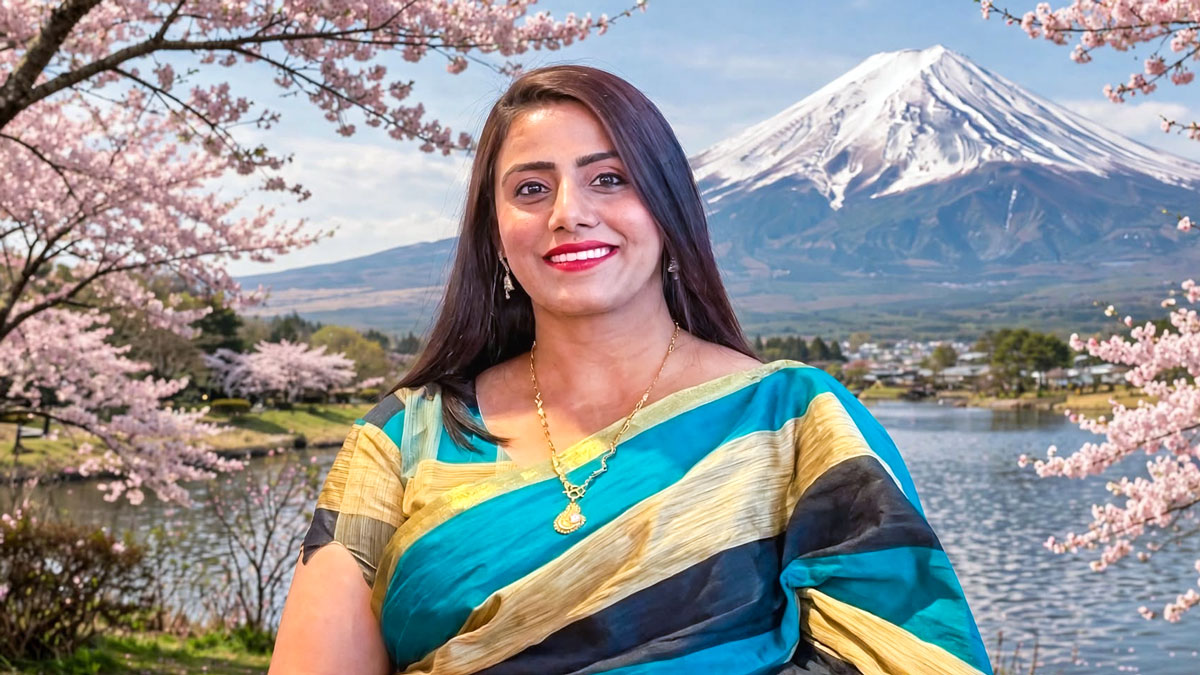 Sangita Adhikari in an edited portrait with Mount Fuji, Japan, in the background.