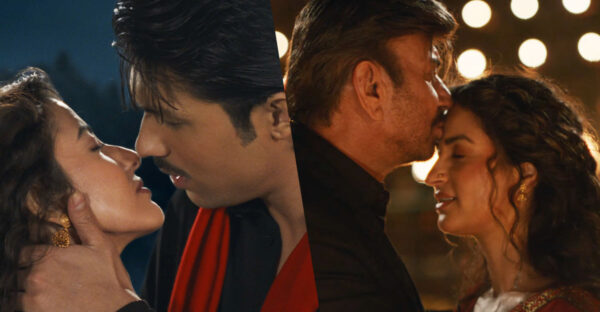 Collage from ‘Batulo Jun’: Anmol KC holds Princy Khatiwada’s face on the left, while Bhuwan KC kisses Garima Panta’s forehead on the right.