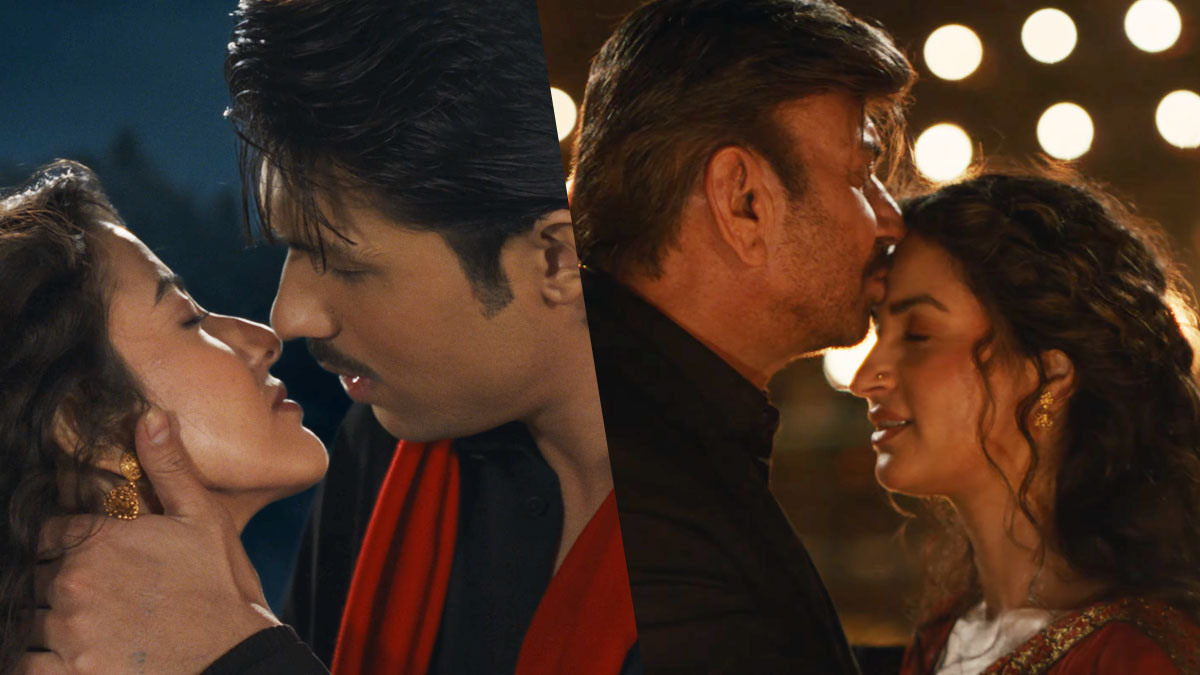Collage from ‘Batulo Jun’: Anmol KC holds Princy Khatiwada’s face on the left, while Bhuwan KC kisses Garima Panta’s forehead on the right.